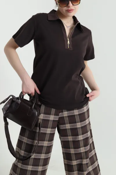 Kahverengi Polo Yaka Kristal Kadın Bluz 449063