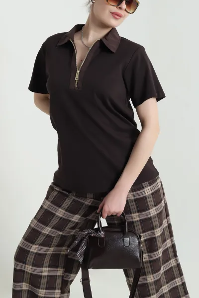 Kahverengi Polo Yaka Kristal Kadın Bluz 449063