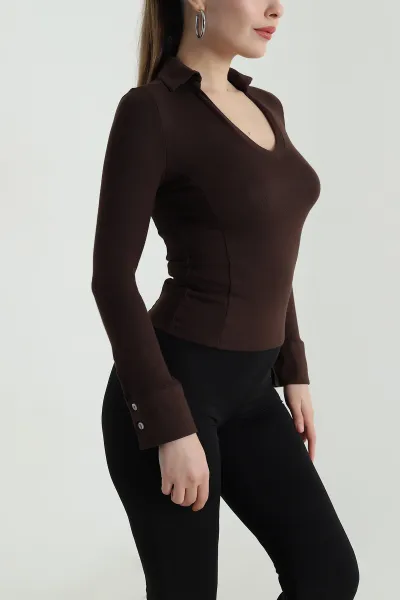 Kahverengi Polo Yaka Likralı Buzzy Kadın Bluz 496461