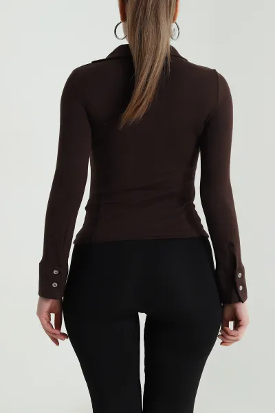 Kahverengi Polo Yaka Likralı Buzzy Kadın Bluz 496461