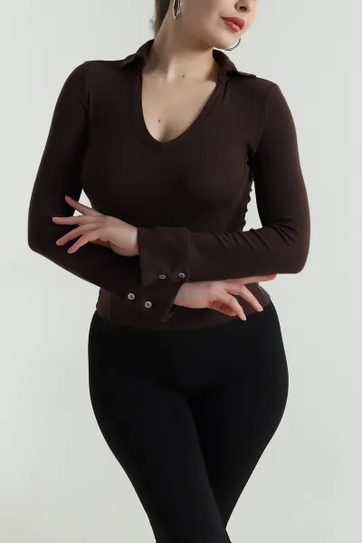 Kahverengi Polo Yaka Likralı Buzzy Kadın Bluz 496461