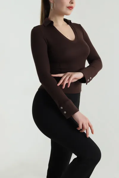 Kahverengi Polo Yaka Likralı Buzzy Kadın Bluz 496461