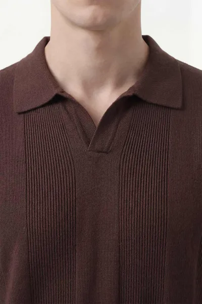Kahverengi Polo Yaka Likralı Erkek Triko Tişört 444354