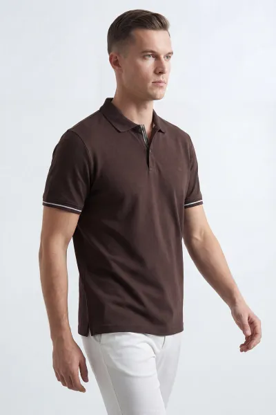 Kahverengi Polo Yaka Osyho Kumaş Fitilli Erkek Tişört 433122