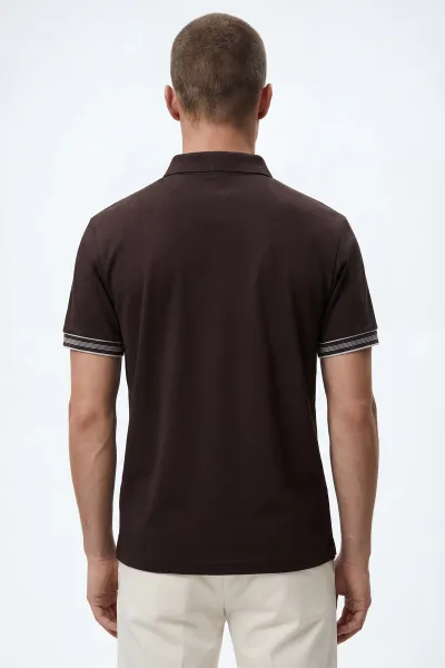 Kahverengi Polo Yaka Osyho Kumaş Kol Şeritli Erkek Tişört 433136