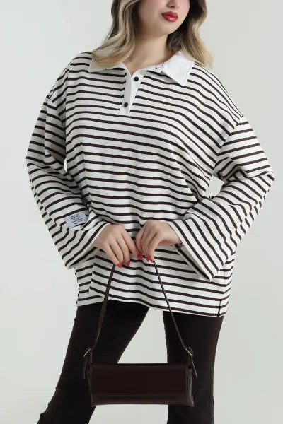 Kahverengi Polo Yaka Oversize Kadın Modal Bluz 499102