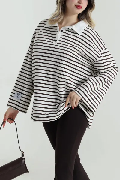Kahverengi Polo Yaka Oversize Kadın Modal Bluz 499102