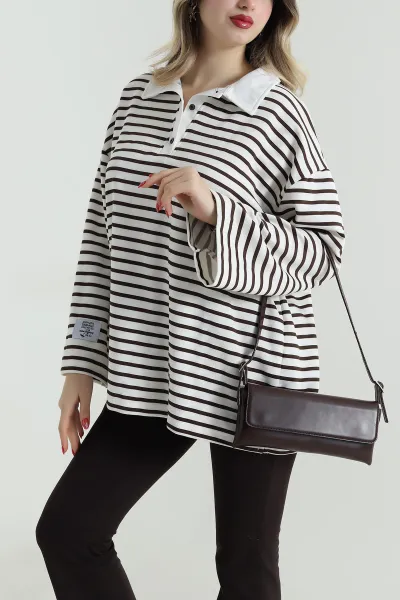 Kahverengi Polo Yaka Oversize Kadın Modal Bluz 499102