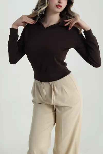 Kahverengi Polo Yaka Oysho Kadın Bluz 486678