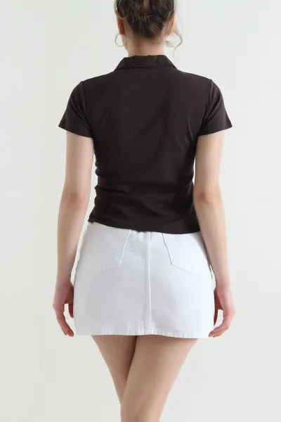 Kahverengi Polo Yaka Ribana Kadın Bluz 446621