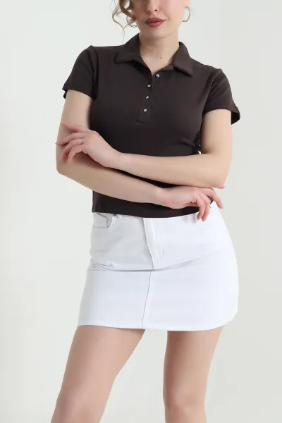 Kahverengi Polo Yaka Ribana Kadın Bluz 446621