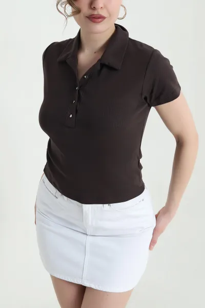 Kahverengi Polo Yaka Ribana Kadın Bluz 446621