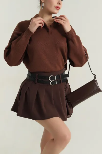 Kahverengi Polo Yaka Triko Kadın Kazak 403822