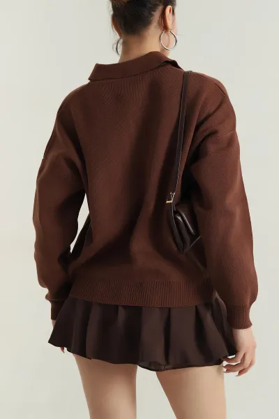 Kahverengi Polo Yaka Triko Kadın Kazak 403822