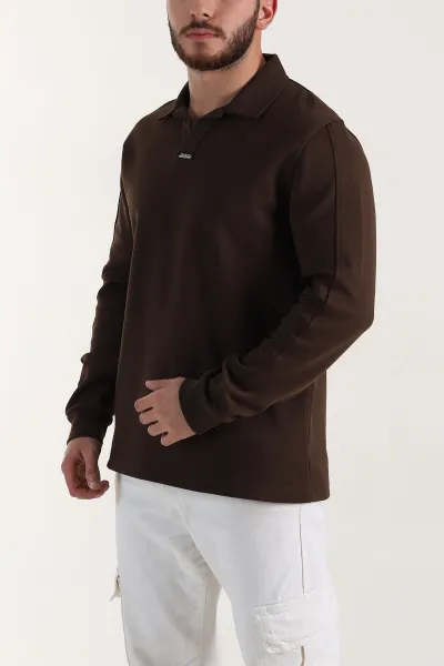 Kahverengi Polo Yaka Uzun Kollu Erkek Sweatshirt 397137
