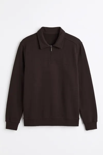 Kahverengi Polo Yaka Yarım Fermuarlı Erkek Sweatshirt 499390