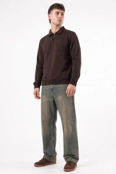 Kahverengi Polo Yaka Yarım Fermuarlı Erkek Sweatshirt 499390
