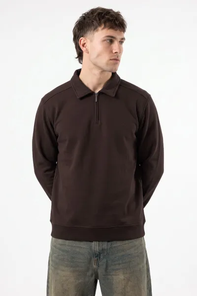 Kahverengi Polo Yaka Yarım Fermuarlı Erkek Sweatshirt 499390