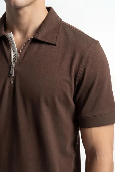 Kahverengi Polo Yaka Yarım Fermuarlı Erkek Tişört 435360