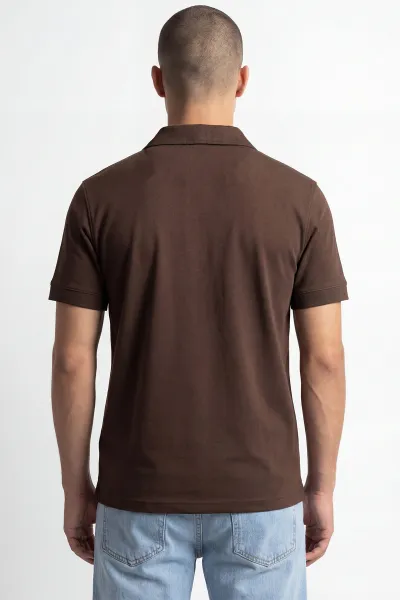 Kahverengi Polo Yaka Yarım Fermuarlı Erkek Tişört 435360