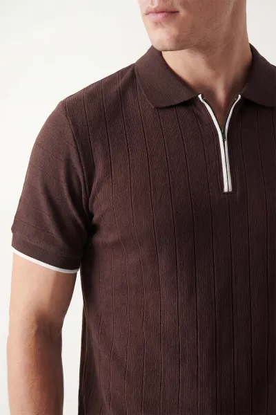 Kahverengi Polo Yaka Yarım Fermuarlı Erkek Tişört 435366