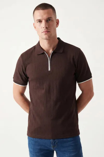 Kahverengi Polo Yaka Yarım Fermuarlı Erkek Tişört 435366