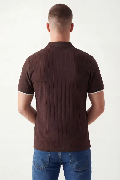 Kahverengi Polo Yaka Yarım Fermuarlı Erkek Tişört 435366
