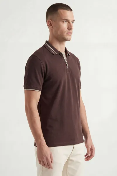 Kahverengi Polo Yaka Yarım Fermuarlı Erkek Tişört 435560