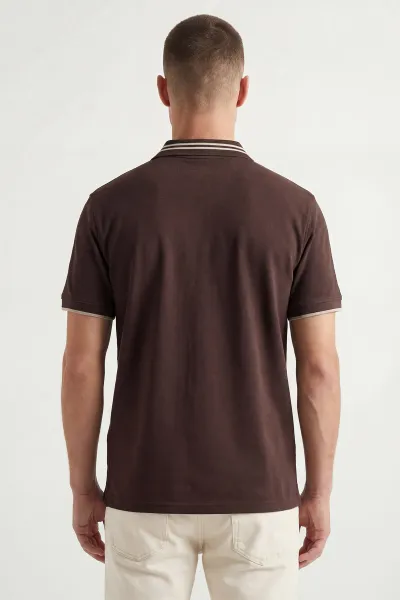 Kahverengi Polo Yaka Yarım Fermuarlı Erkek Tişört 435560
