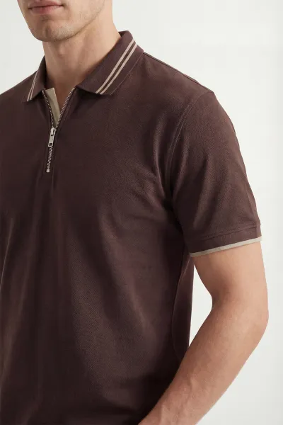 Kahverengi Polo Yaka Yarım Fermuarlı Erkek Tişört 435560