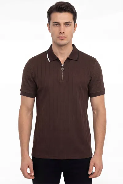 Kahverengi Polo Yaka Yarım Fermuarlı Erkek Tişört 435566