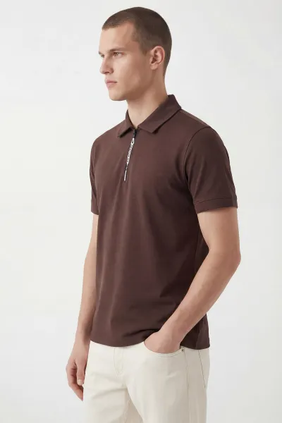 Kahverengi Polo Yaka Yarım Fermuarlı Erkek Tişört 435573