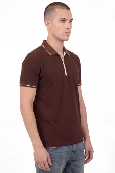 Kahverengi Polo Yaka Yarım Fermuarlı Erkek Tişört 458867