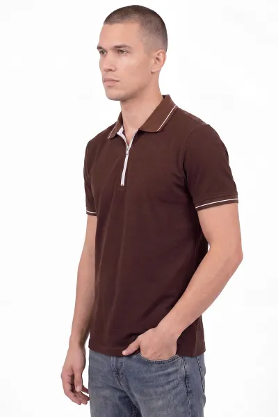 Kahverengi Polo Yaka Yarım Fermuarlı Erkek Tişört 458867