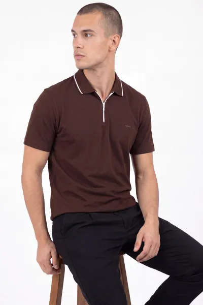 Kahverengi Polo Yaka Yarım Fermuarlı Erkek Tişört 471702