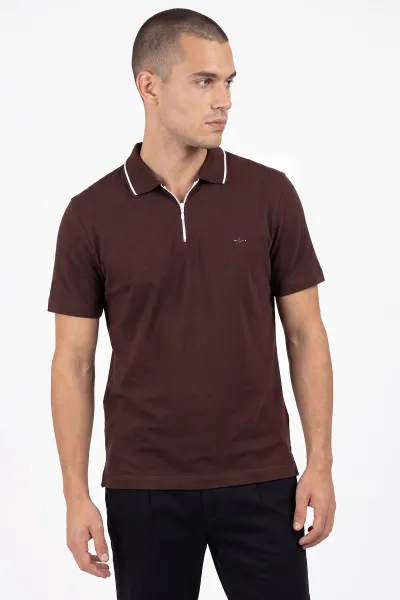 Kahverengi Polo Yaka Yarım Fermuarlı Erkek Tişört 471702
