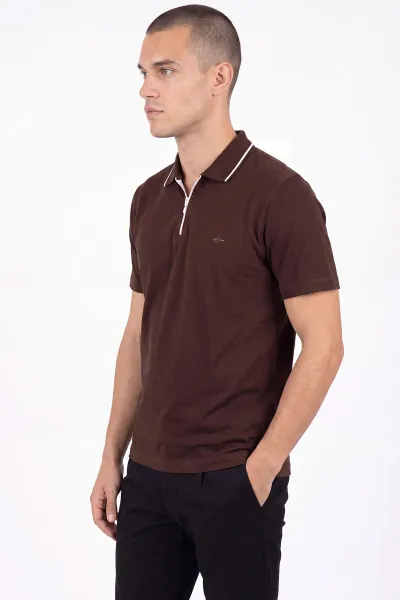 Kahverengi Polo Yaka Yarım Fermuarlı Erkek Tişört 471702
