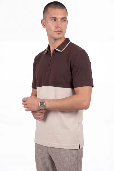 Kahverengi Polo Yaka Yarım Fermuarlı Erkek Tişört 471714