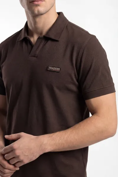 Kahverengi Polo Yaka Yazı Detay Erkek Tişört 435539