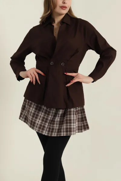 Kahverengi Poplin Dokuma Kadın Gömlek Bluz 425483