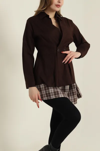 Kahverengi Poplin Dokuma Kadın Gömlek Bluz 425483