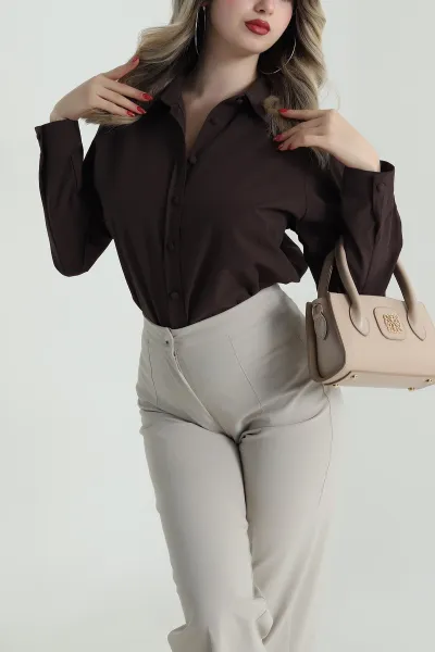 Kahverengi Poplin Kadın Gömlek 485519