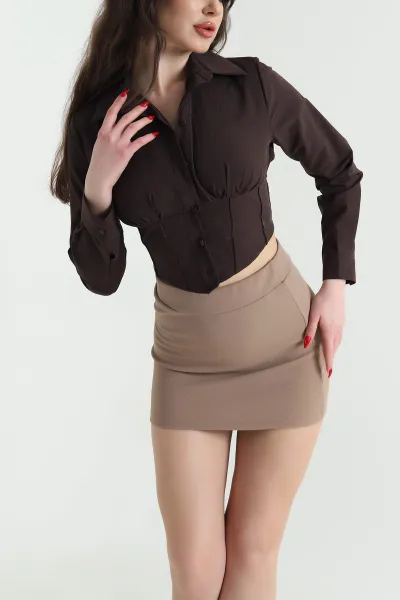 Kahverengi Poplin Kadın Korse Gömlek 441656