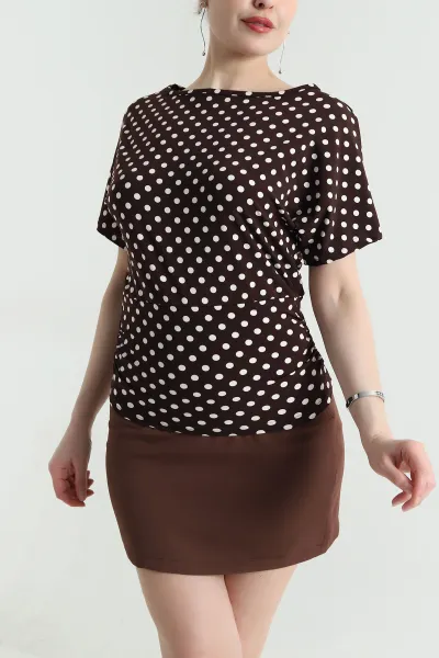 Kahverengi Puantiyeli Büzgülü Modal Kadın Bluz 455987