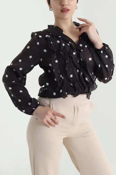 Kahverengi Puantiyeli Fırfırlı Tencel Kadın Gömlek 448293