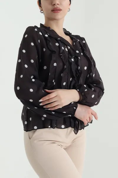 Kahverengi Puantiyeli Fırfırlı Tencel Kadın Gömlek 448293