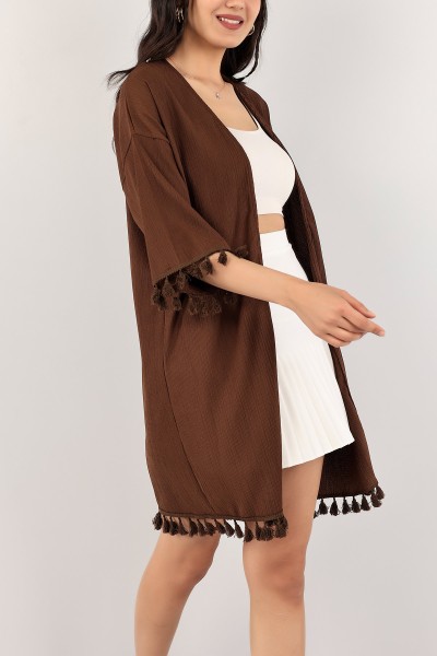 Kahverengi Püskül Tasarım Krinkıl Kimono Hırka 113316