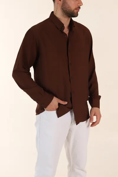 Kahverengi Regular Fit Ata Yaka Basic Uzun Kollu Erkek Gömlek 370033
