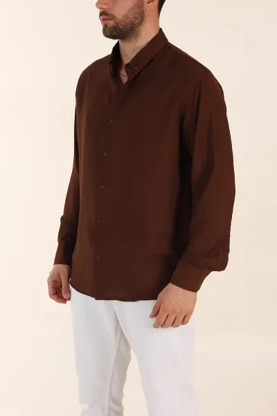 Kahverengi Regular Fit Ata Yaka Basic Uzun Kollu Erkek Gömlek 370033