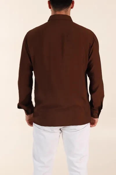 Kahverengi Regular Fit Ata Yaka Basic Uzun Kollu Erkek Gömlek 370033